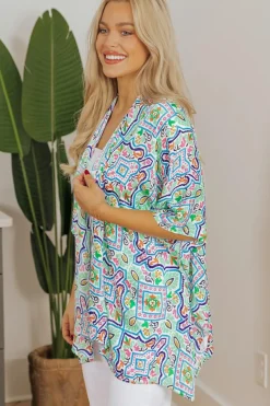 Best Dear-Lover Boho Floral Printed Rhinestone 3/4 Sleeve Open Front Kimono White