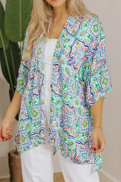 Best Dear-Lover Boho Floral Printed Rhinestone 3/4 Sleeve Open Front Kimono White