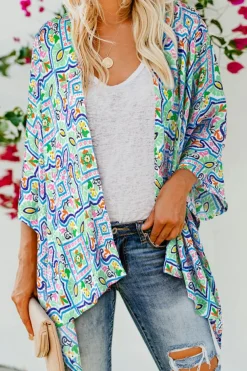Best Dear-Lover Boho Floral Printed Rhinestone 3/4 Sleeve Open Front Kimono White
