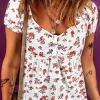 Fashion Dear-Lover Boho Floral Ruched Cinched Short Sleeve Blouse White