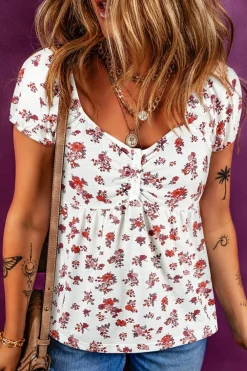 Fashion Dear-Lover Boho Floral Ruched Cinched Short Sleeve Blouse White
