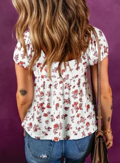 Fashion Dear-Lover Boho Floral Ruched Cinched Short Sleeve Blouse White