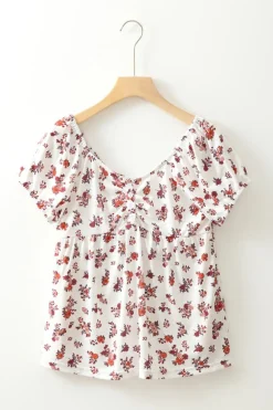 Fashion Dear-Lover Boho Floral Ruched Cinched Short Sleeve Blouse White