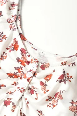 Fashion Dear-Lover Boho Floral Ruched Cinched Short Sleeve Blouse White
