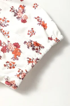 Fashion Dear-Lover Boho Floral Ruched Cinched Short Sleeve Blouse White