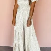 Best Dear-Lover Boho Floral Smocked Wide Leg Short Puff Sleeve Jumpsuit White