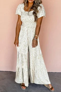 Best Dear-Lover Boho Floral Smocked Wide Leg Short Puff Sleeve Jumpsuit White