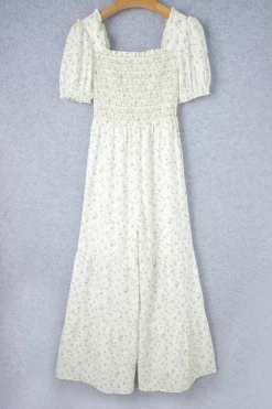 Best Dear-Lover Boho Floral Smocked Wide Leg Short Puff Sleeve Jumpsuit White