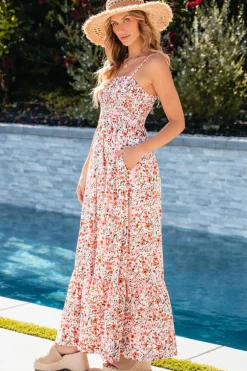 Online Dear-Lover Boho Floral Smocked Ruffled Maxi Dress White