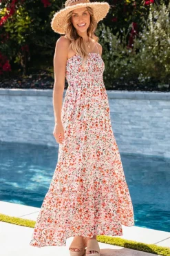 Online Dear-Lover Boho Floral Smocked Ruffled Maxi Dress White