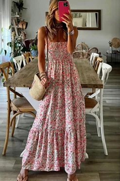 Online Dear-Lover Boho Floral Smocked Ruffled Maxi Dress White