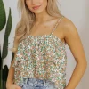 Clearance Dear-Lover Boho Floral Spaghetti Strap Ruffle Summer Tank Top White