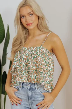 Clearance Dear-Lover Boho Floral Spaghetti Strap Ruffle Summer Tank Top White
