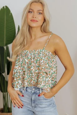 Clearance Dear-Lover Boho Floral Spaghetti Strap Ruffle Summer Tank Top White