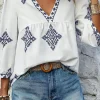 Best Dear-Lover Boho Geometric Print Bracelet Sleeve V Neck Blouse White