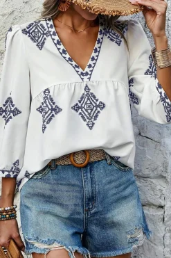 Best Dear-Lover Boho Geometric Print Bracelet Sleeve V Neck Blouse White