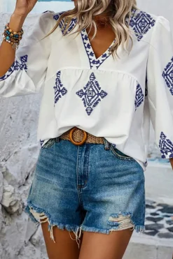 Best Dear-Lover Boho Geometric Print Bracelet Sleeve V Neck Blouse White