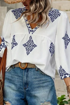 Best Dear-Lover Boho Geometric Print Bracelet Sleeve V Neck Blouse White