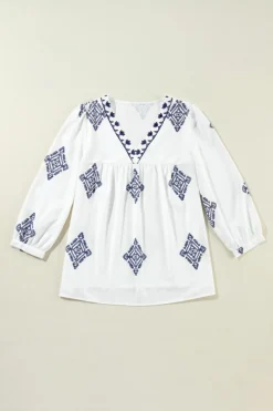 Best Dear-Lover Boho Geometric Print Bracelet Sleeve V Neck Blouse White