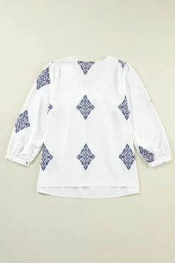 Best Dear-Lover Boho Geometric Print Bracelet Sleeve V Neck Blouse White