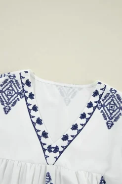 Best Dear-Lover Boho Geometric Print Bracelet Sleeve V Neck Blouse White