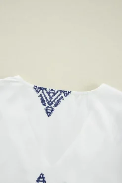 Best Dear-Lover Boho Geometric Print Bracelet Sleeve V Neck Blouse White