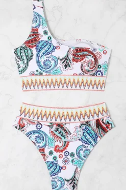 New Dear-Lover Boho Paisley Contrast Trimmed One-shoulder Bikini White
