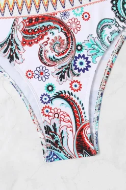 New Dear-Lover Boho Paisley Contrast Trimmed One-shoulder Bikini White