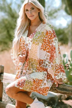 Clearance Dear-Lover Boho Patchwork Floral Open Front Kimono White