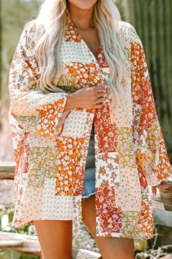 Clearance Dear-Lover Boho Patchwork Floral Open Front Kimono White