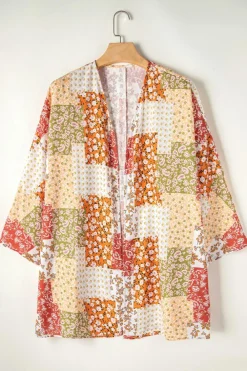 Clearance Dear-Lover Boho Patchwork Floral Open Front Kimono White