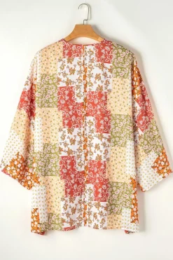 Clearance Dear-Lover Boho Patchwork Floral Open Front Kimono White