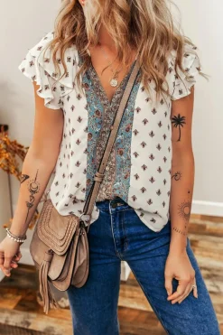 Best Dear-Lover Boho Pattern Tiered Ruffled Sleeve V Neck Buttoned Blouse White