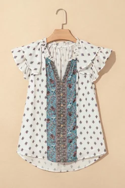 Best Dear-Lover Boho Pattern Tiered Ruffled Sleeve V Neck Buttoned Blouse White