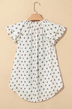 Best Dear-Lover Boho Pattern Tiered Ruffled Sleeve V Neck Buttoned Blouse White
