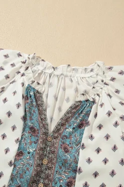 Best Dear-Lover Boho Pattern Tiered Ruffled Sleeve V Neck Buttoned Blouse White