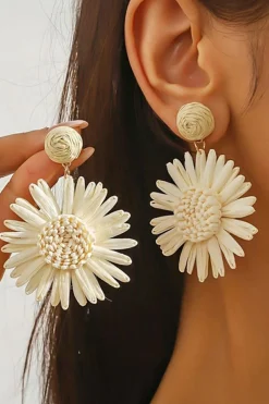Sale Dear-Lover Boho Raffia Crochet Sunflower Dangle Earrings White