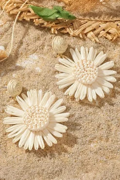 Sale Dear-Lover Boho Raffia Crochet Sunflower Dangle Earrings White
