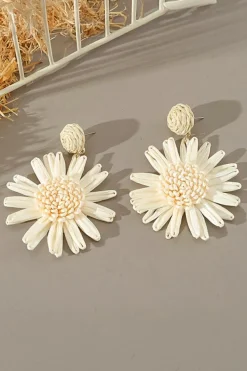 Sale Dear-Lover Boho Raffia Crochet Sunflower Dangle Earrings White