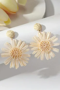 Sale Dear-Lover Boho Raffia Crochet Sunflower Dangle Earrings White