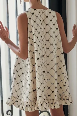 Best Dear-Lover Bow Checker Pearled Buttons Back Ruffled Sleeveless Mini Dress White