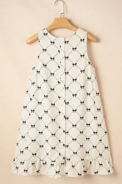 Best Dear-Lover Bow Checker Pearled Buttons Back Ruffled Sleeveless Mini Dress White