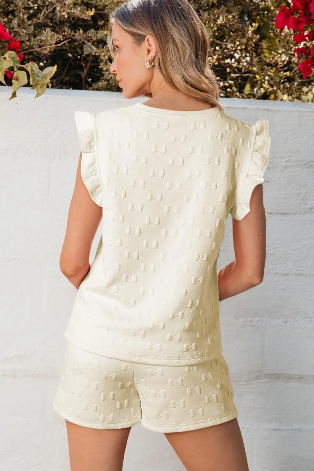 Online Dear-Lover Bow Jacquard Ruffle Sleeve Short 2pcs Outfit White
