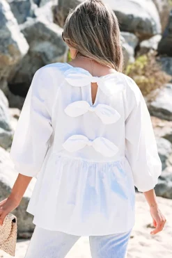 Outlet Dear-Lover Bow Knot Cutout Back Loose Fit 3/4 Sleeve Blouse White