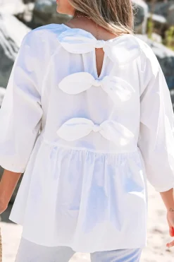 Outlet Dear-Lover Bow Knot Cutout Back Loose Fit 3/4 Sleeve Blouse White