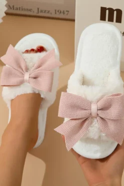 Outlet Dear-Lover Bow Knot Decor Open Toe Plush Slippers White