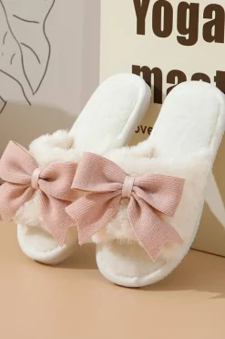 Outlet Dear-Lover Bow Knot Decor Open Toe Plush Slippers White
