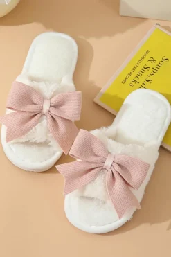 Outlet Dear-Lover Bow Knot Decor Open Toe Plush Slippers White