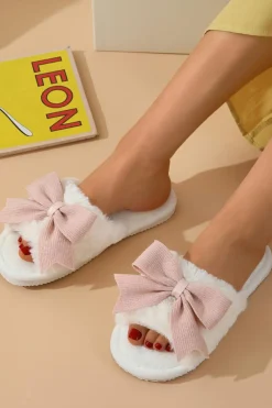 Outlet Dear-Lover Bow Knot Decor Open Toe Plush Slippers White