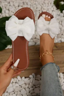Hot Dear-Lover Bow Knot Decor PU Leather Insole Flat Slippers White